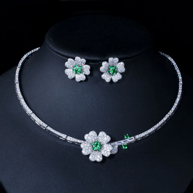 green CWWZircons CZ Кристалл красная роза цветок женское колье ожерелье и серьги свадебный комплект ювелирных изделий для свадебного платья аксессуары T211 - Окраска металла: green