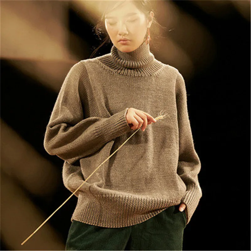 

100% hand made pure wool knit women brief loose turtleneck batwing sleeve H-straight pullover sweater one&over size
