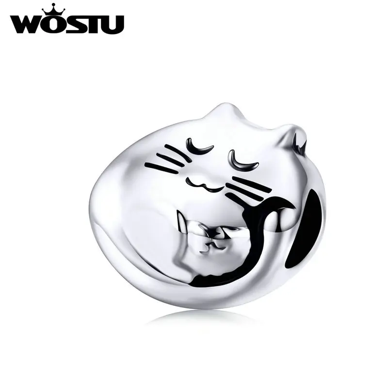 WOSTU Спящая Китти бусины кошка сплав животное шарик для оригинального браслета талисманы ожерелье кулон Женская мода Стиль Ювелирные изделия FOC008