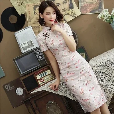 pink Sheng Coco новые шелковые платья Чонсам розовые двойные китайские Qipao Печатные Средние Длинные древние шелковые Улучшенная одежда розовые цветы - Цвет: pink