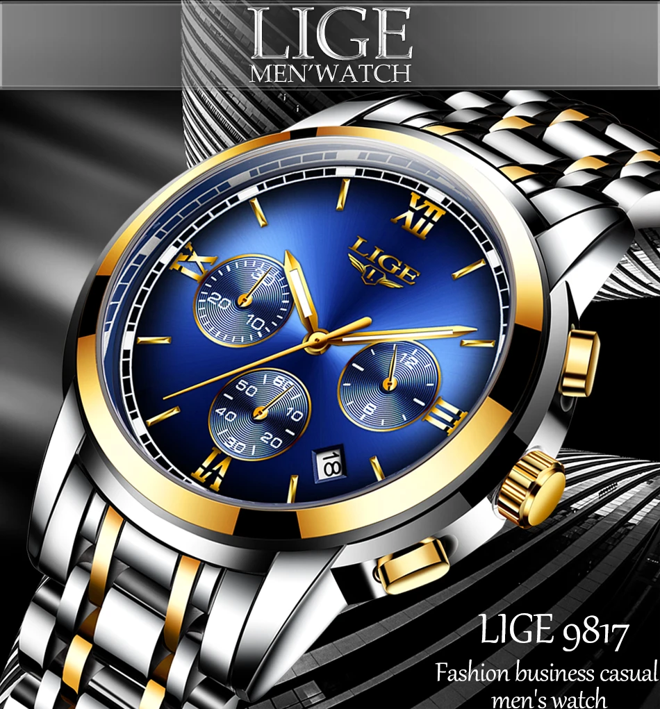 Montre Homme Часы мужские люксовый бренд LIGE Хронограф Мужские спортивные часы водонепроницаемые полностью Стальные кварцевые мужские часы Relogio Masculino
