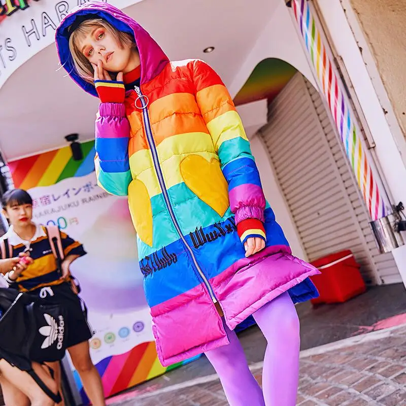 2019 зимние толстые белые пуховые Лоскутные пальто женские модные цветные длинные