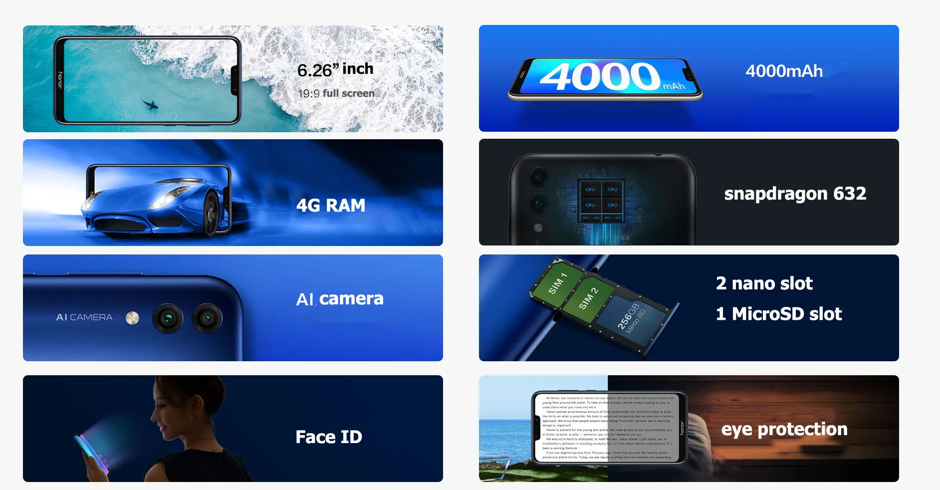 8c Honor 8c 3 слота Face ID 6,26 дюймов Восьмиядерный процессор Snapdragon 632, фронтальная камера 4000 МП, двойная камера заднего вида мАч