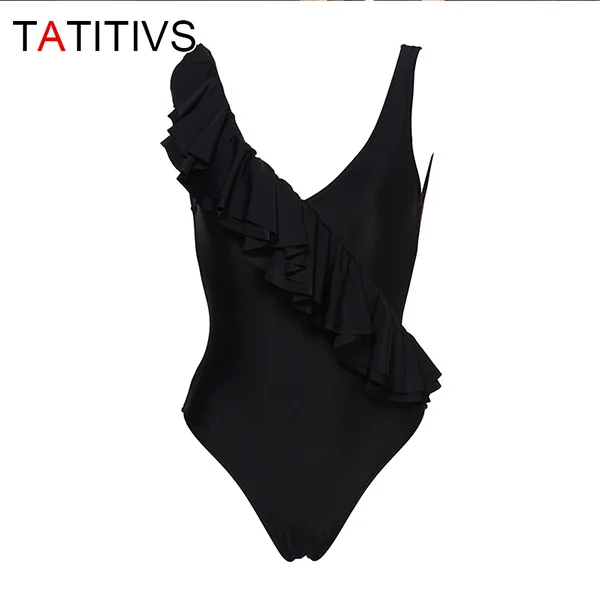 Black-1 TATITIVS цельный женский купальник с оборками, сексуальный v-образный вырез,, летний купальник, боди, пляжный купальник, монокини - Цвет: Black-1