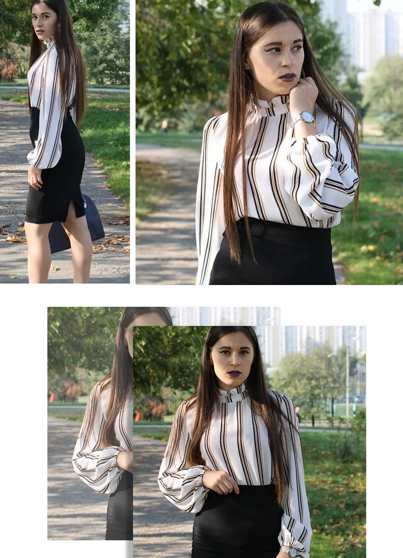 Sheinside белый полосатый стоячий воротник элегантные топы офисные женские рабочая одежда с длинным рукавом обычный крой женские весенние элегантные блузки