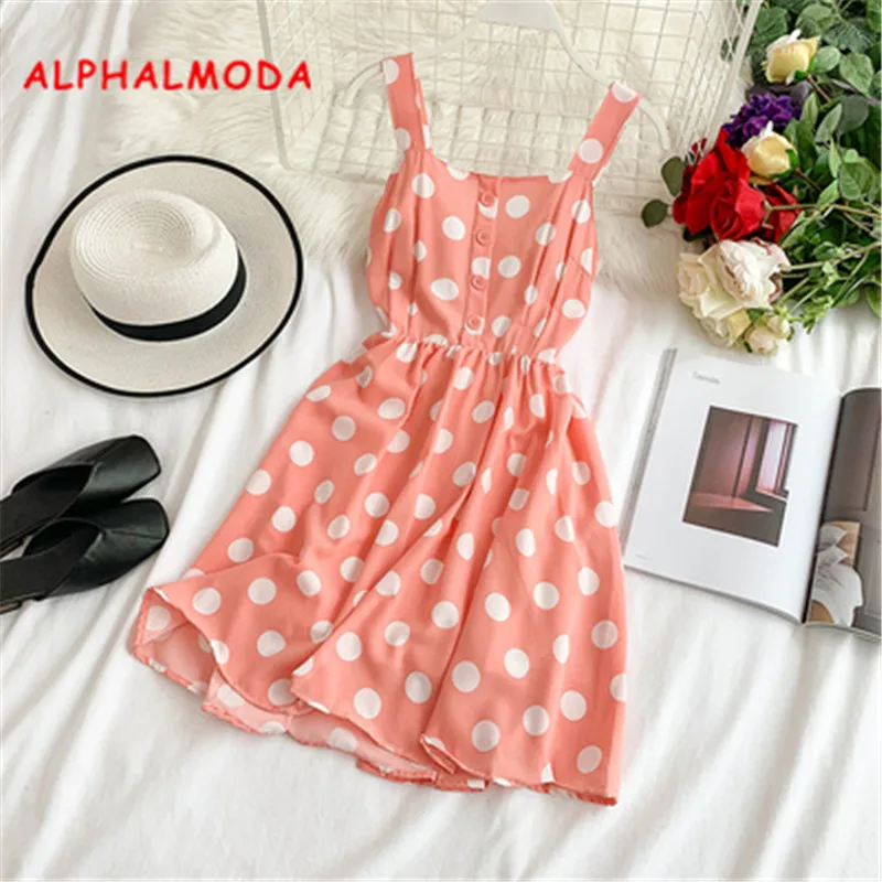 ALPHALMODA летнее женское популярное платье в горошек на бретелях с эластичной талией и высокой талией, короткое летнее шифоновое платье для отдыха