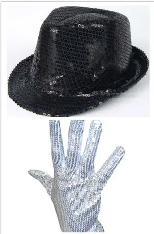 LUCKYLIANJI Мужская и женская серебряная перчатка с блестками Майкла Джексона + Capone, вечерние Трилби для танцев и взрослых, вечерние костюмы, шляпа, набор (один размер: 58 см)