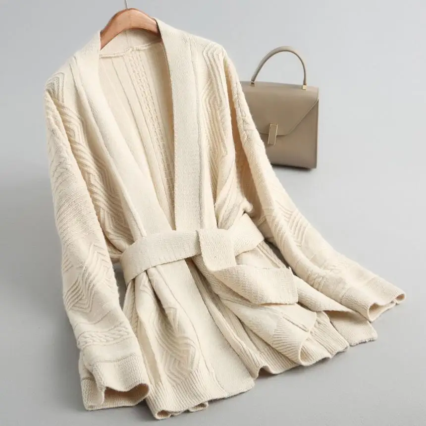 Knitted cardigan Women fashion warm winter oversize sweater v-neck belted loose coat |