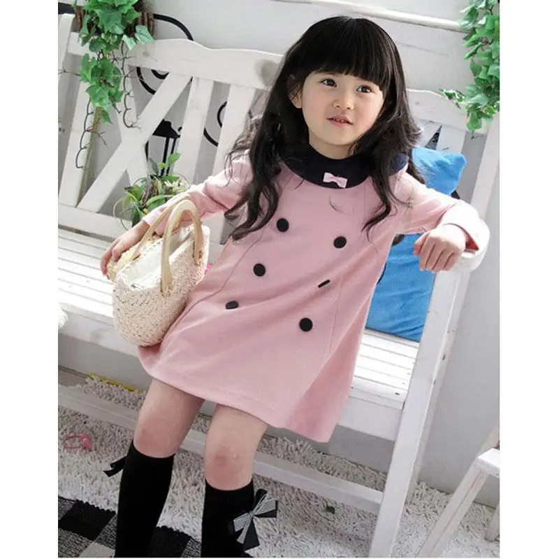 2016 Новая Коллекция Весна Осень Девушка Платье С Длинным Рукавом Двубортный