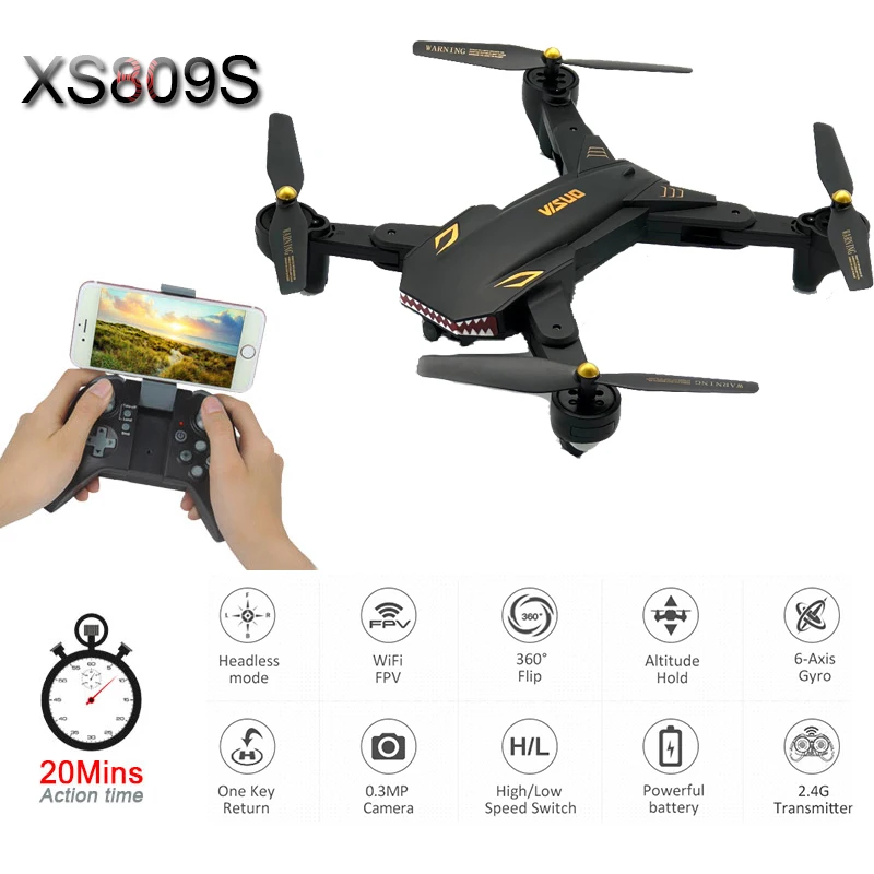 Складной Дрон XS809s Радиоуправляемый для селфи с 2.0MP Wifi FPV камерой режимом G сенсора