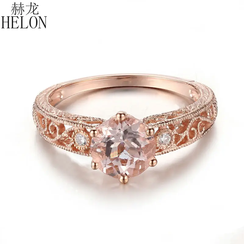 HELON 6.5mm Round Cut 1.37ct Genuine Morganite Solid 14KT Rose Gold Natural Diamond Fine Jewelry Engagement Gemstone Women Ring | Украшения