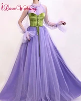 new fashion high neck lilac tulle prom gown custom made a line long sleeves arabic style prom party dresses