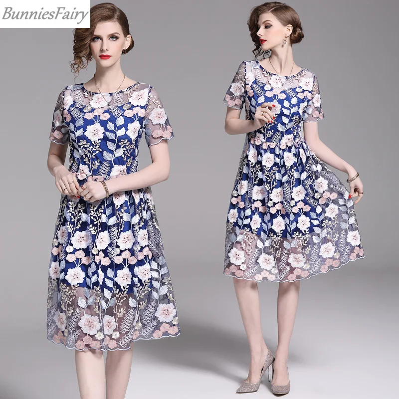BunniesFairy 2019 летнее женское элегантное платье высокого класса с цветочной вышивкой