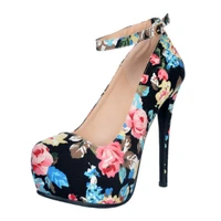 high quality flower printed size 34 43 sexy high heels platform shoes pumps womens dress fashion ankle wrap lady pumps