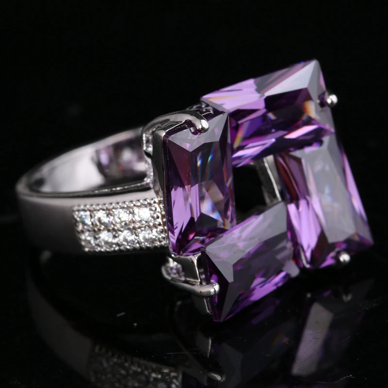 Four Dimensional Square Purple Zircon White Gems Silver Plated Argent Jewelry Ring US# Size 6 / 7 8 9 S1676 | Украшения и