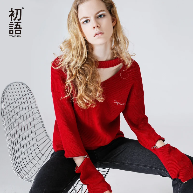Toyouth Knitted Sweater Women 2019 Autumn Red Bla Pullover Sexy Halter Neck Long Sleeve Jumpers Pull Femme sweter mujer | Женская одежда