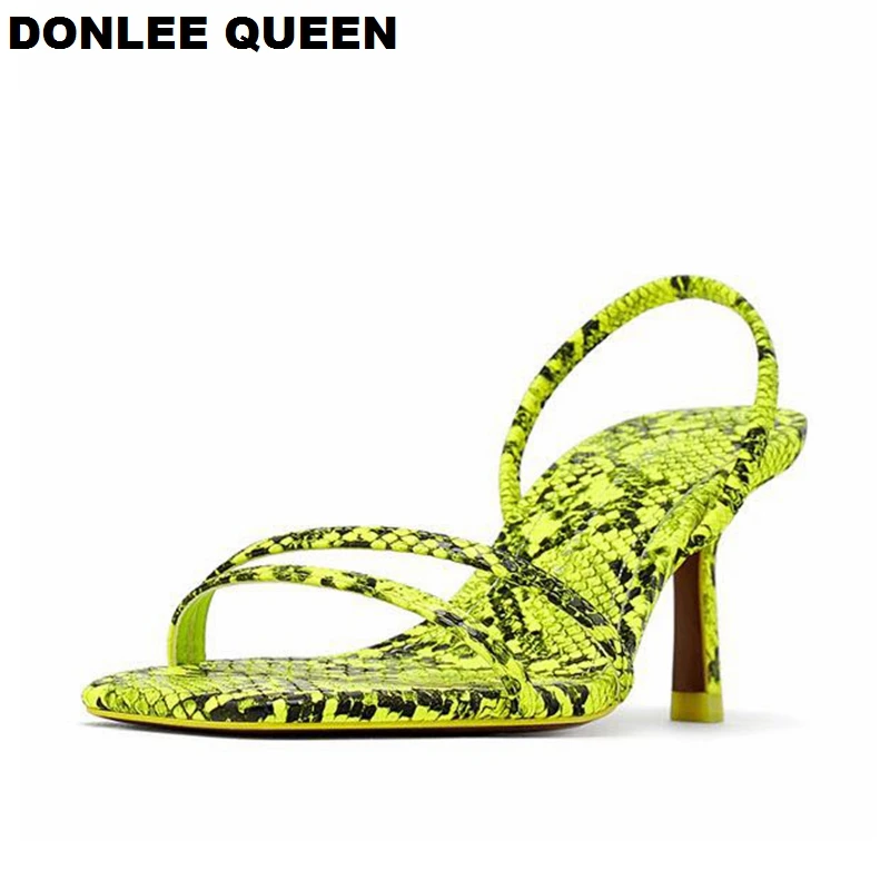 DONLEE QUEEN/; модные сандалии-гладиаторы из змеиной кожи; женская обувь с открытым носком и узкими ремешками на необычном каблуке; брендовая Летняя обувь без задника