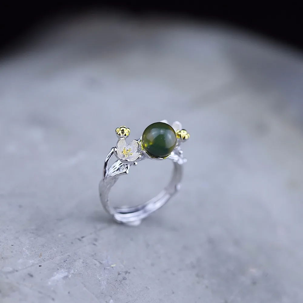 

Real 925 Sterling Silver Natural Amber Handmade Designer Fine Jewelry Looking Flower Adjustable Rings for Women Bijoux
