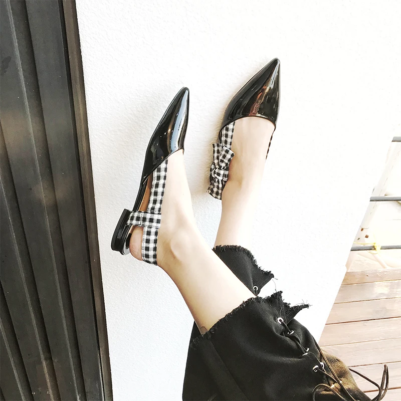 Сандалии Teahoo женские из лакированной кожи босоножки в клетку с бантом плоская