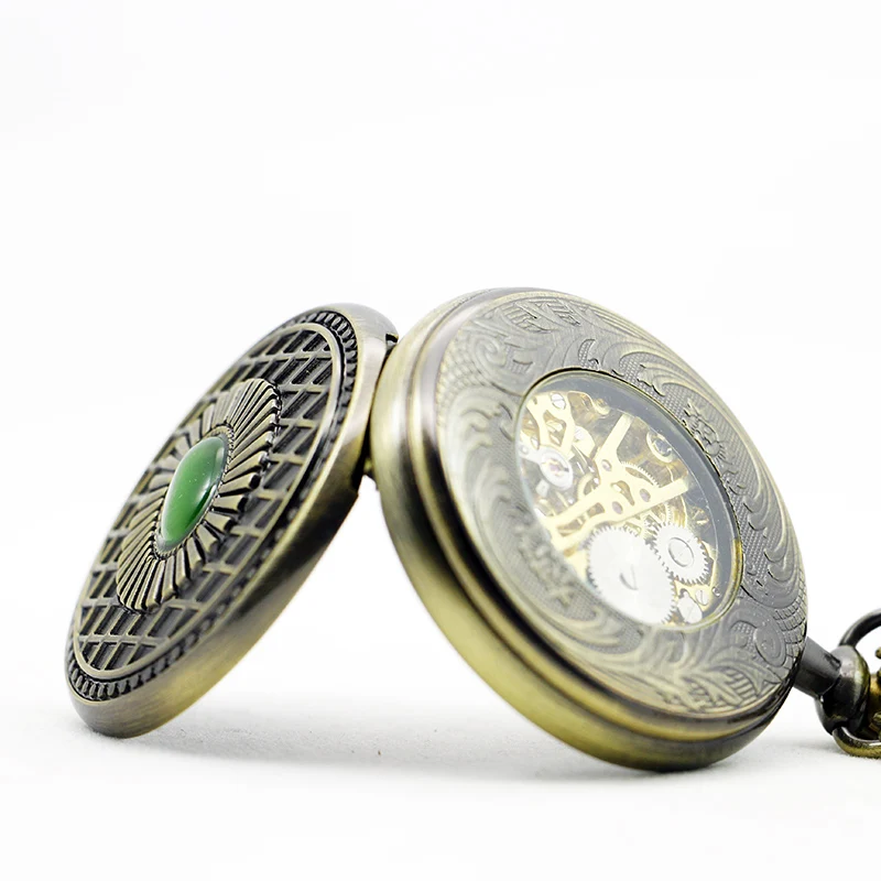 Antique Mesh Inlaid Gemstone Design Mechanical Pocket Watch Vintage Gentleman Style Accessories Pendant Necklace Clock