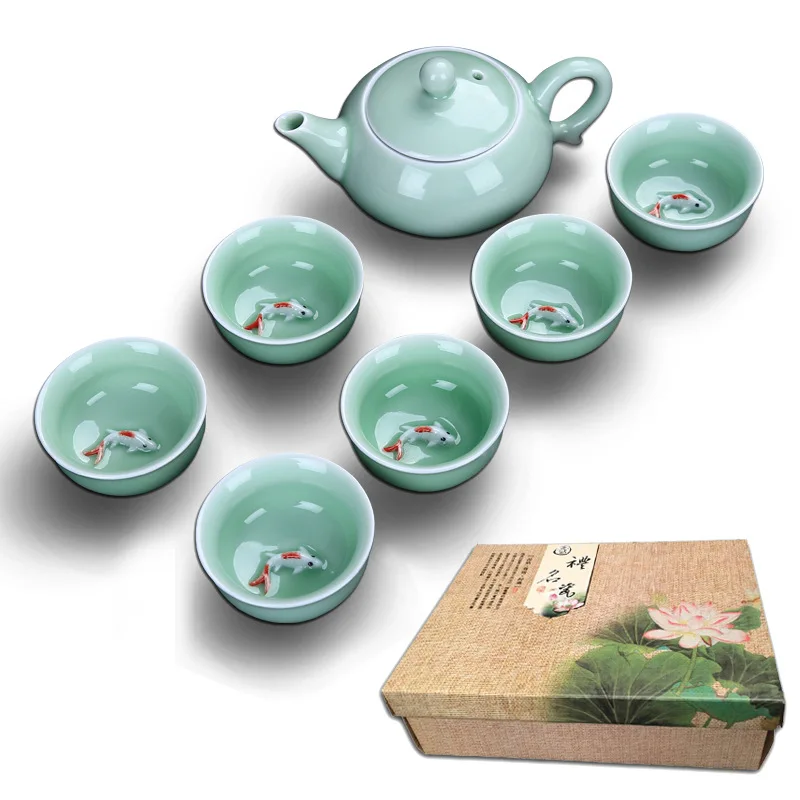 

Celadon рыбный чайный набор керамический чайник керамическая чайная чашка рыба китайский чайный набор кунг-фу посуда для напитков 1pot + 6 чашек