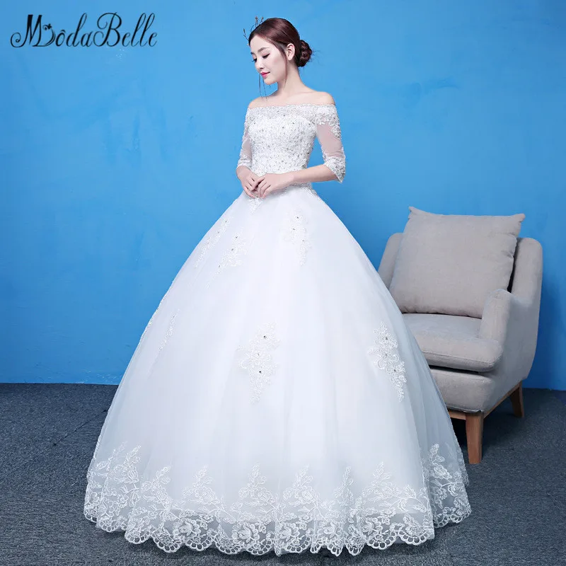 Modabelle 2018 Новые свадебные платья с рукавами лодочкой на шнуровке аппликация