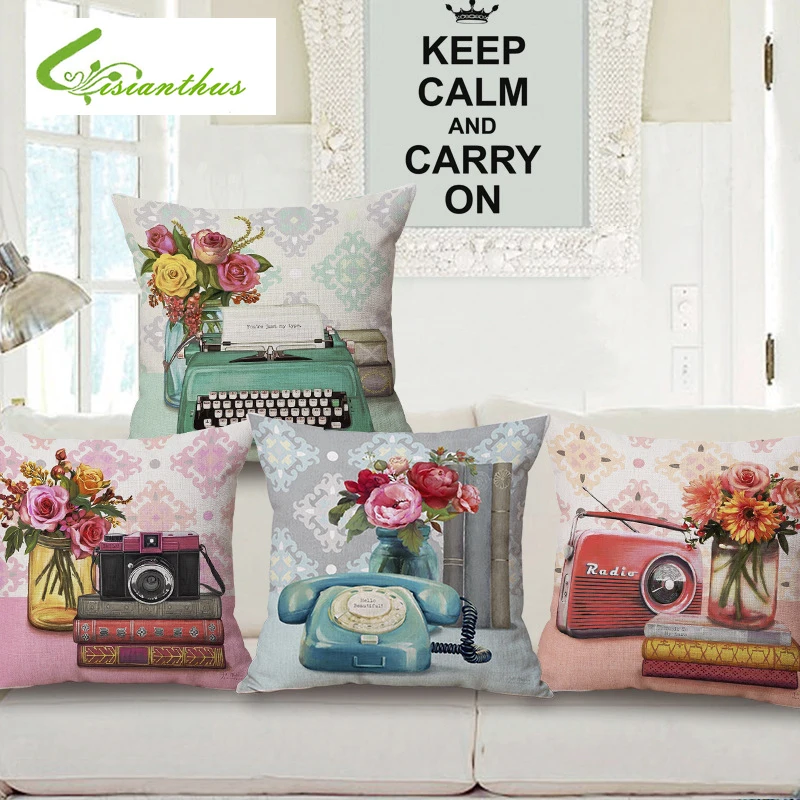 Подушка в винтажном стиле с рисунком льняная хлопковая декоративная