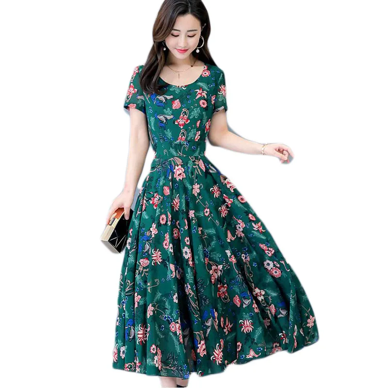 Women Summer Dress Plus Size Short-sleeved Chiffon Sunflower Long Slim Waist Rockabilly E199 | Женская одежда