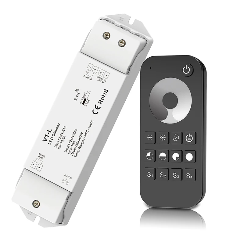 

LED Strip Dimmer 12V 24V 15A PWM Wireless RF Switch ON OFF with 2.4G 1 Channel Dim Remote for 5050 3528 Single Color LED String