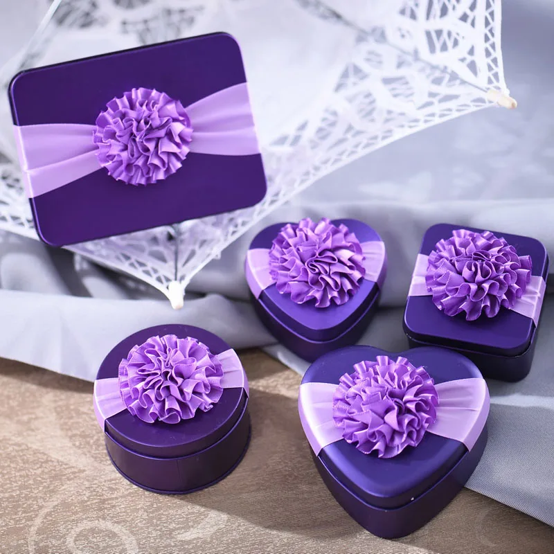 

10 шт./лот Милая жестяная коробка в форме сердца для свадебных конфет с декоративным узлом, красивая коробка для конфет, синяя, красная, фиоле...
