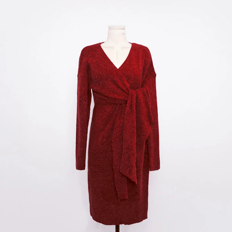 

Sexy V-neck Lace Up Women Sweater Dress Full Sleeve Slim Waist Side Split Female Pullover Knitted Dress 2018 Autumn Winter