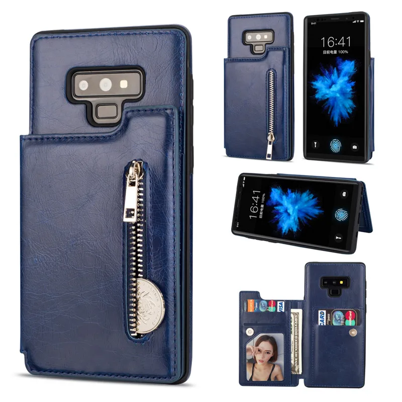 blue Чехол-книжка в стиле ретро из искусственной кожи для samsung Galaxy S10E S8 S9 S10 Plus Note 8 9, Силиконовый противоударный чехол на молнии с отделением для карт - Цвет: blue