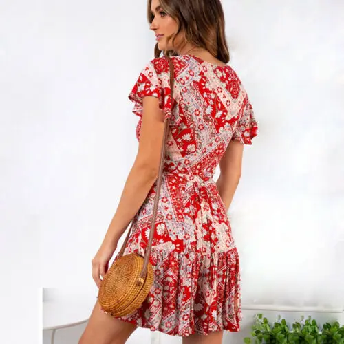 Женское платье с высокой талией Летнее мини цветочным принтом и треугольным