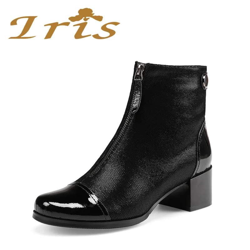 IRIS/женские ботильоны черного цвета из натуральной кожи на низком каблуке молнии