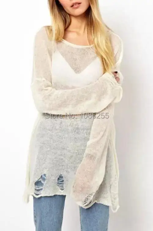 2015 женский свободный свитер с отверстиями асимметричный подол Свободный вязаный