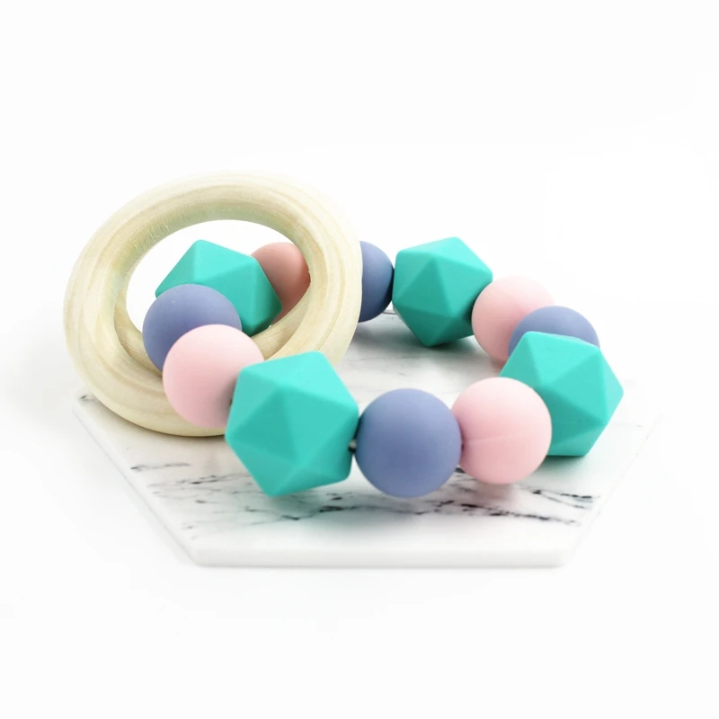 Bavoirsj Free Shipping Couple Wood Ring Belling Rattle Teether Toys Baby Teething Hexagon Silicone Beads Montessori Toy B1931 | Игрушки и