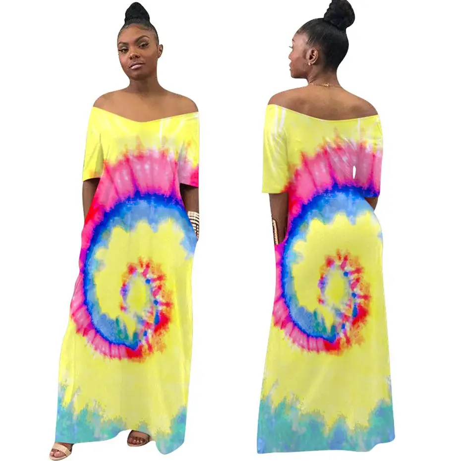 HAOYUAN Tie Dye сексуальное Макси платье женское осеннее с открытыми плечами длинное платье размера плюс свободное с коротким рукавом Бохо богемное пляжное платье