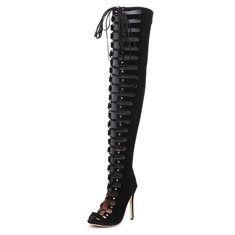 KARINLUNA Brand New Big Size 40 Cross Tied Zip Ladies High Heels Hollow Shoes Woman Casual Party Sexy Summer Over The Knee Boots - Цвет: Черный