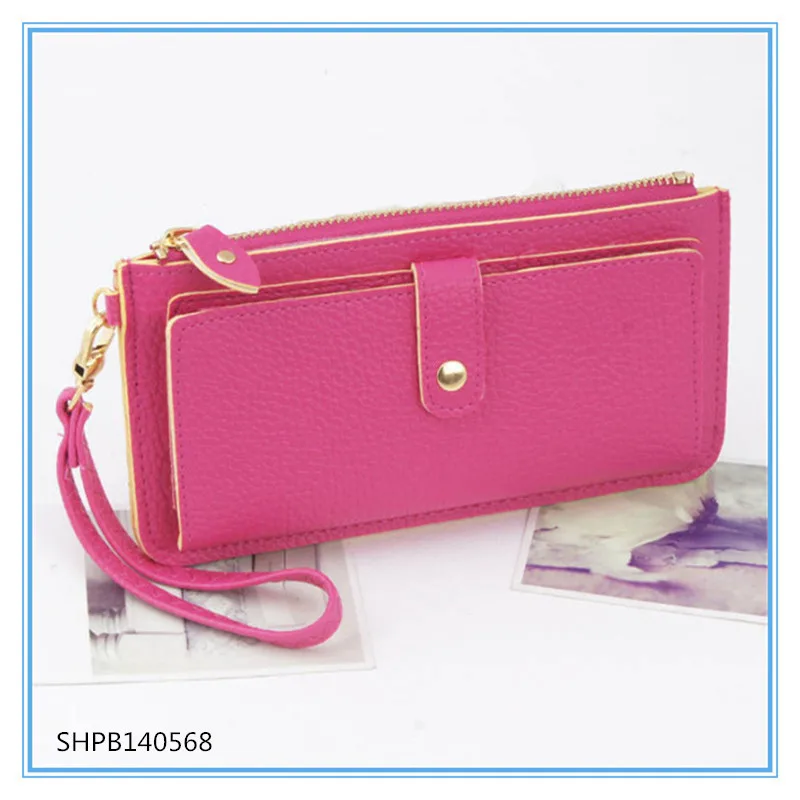 Three layer red hasp long wallet with hand belt |