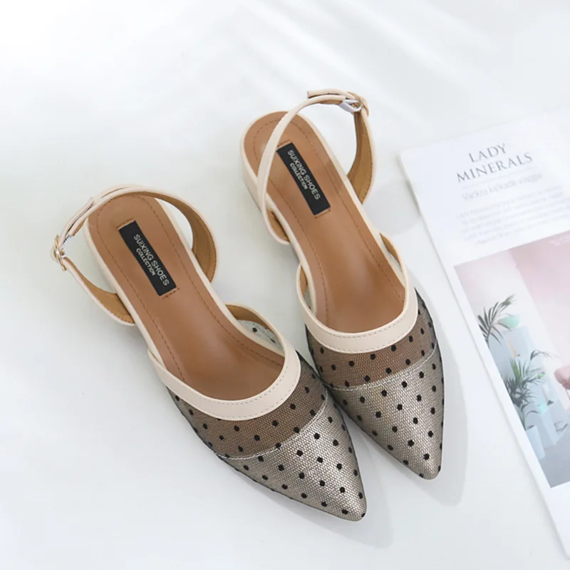 Кружевные сандалии в горошек с вышивкой женские сетчатые острым носком