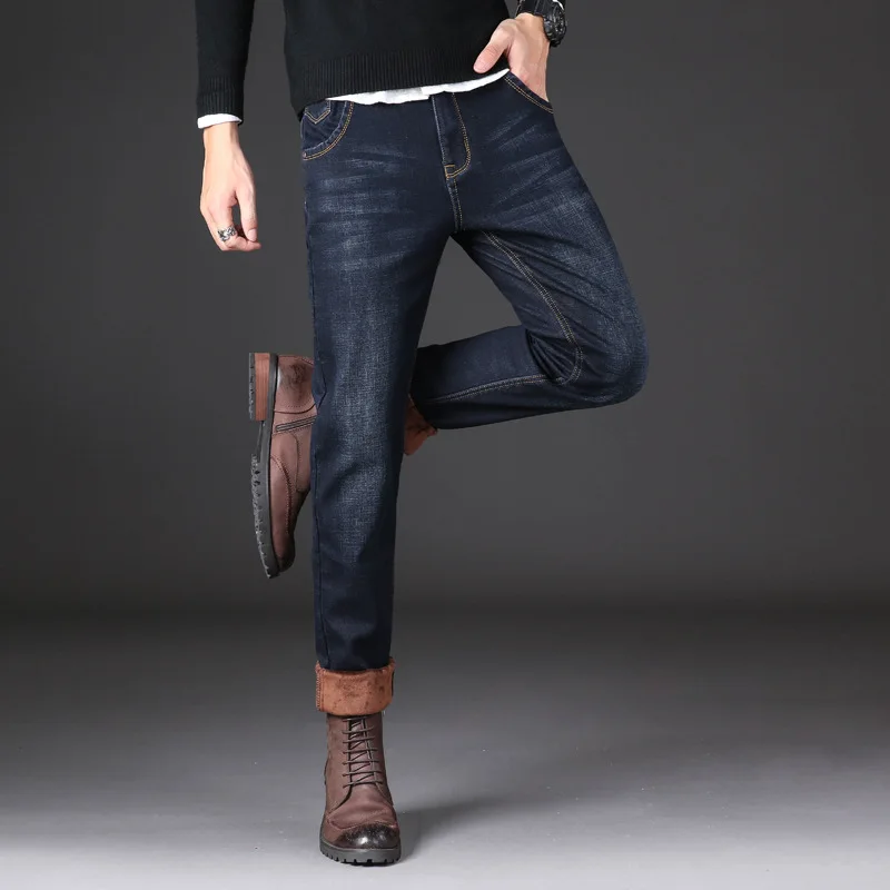 W021 Black jeans ICPANS теплые толстые зимние джинсы мужские облегающие классические винтажные черные синие Зимние джинсовые комбинезоны Мужская одежда большой размер 40 42 - Цвет: W021 Black jeans