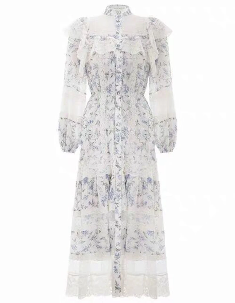 ZIM Designer Runway Summer Dress Women 2019 Lace Patchwork Flower Printed Dresses Stand Neck Puff Sleeve Two Pieces Set | Женская одежда