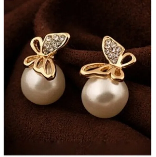Женские серьги с жемчугом элегантные позолоченные бабочки в Корейском стиле