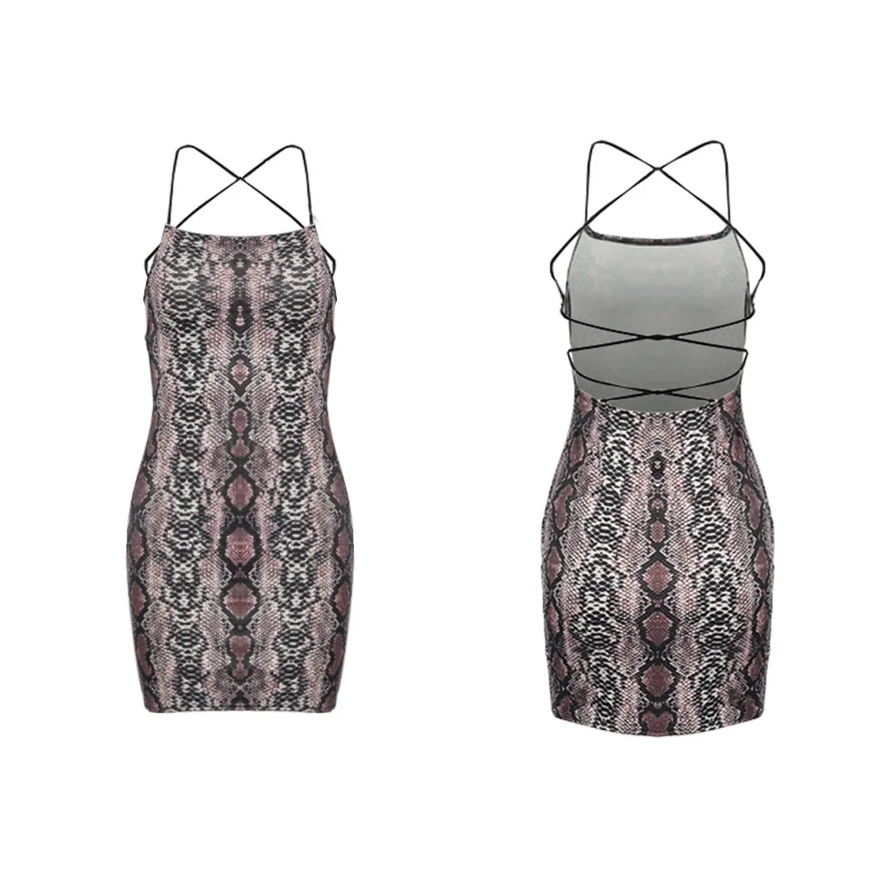 

sexy snake print spaghetti strap evening party mini dress women casual off shoulder bandage summer dresses elegant Beach vestido