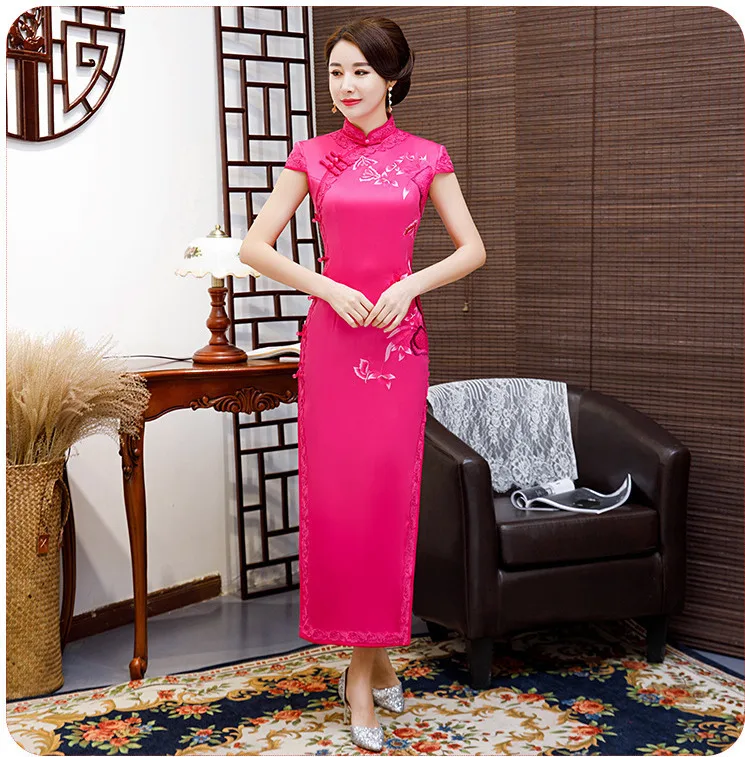 Sheng Coco размера плюс Королевский синий китайский шелк Qipao атлас Cheongsam платья Длинные Кружева Окаймленный воротник Qipao 4XL вышитые цветы