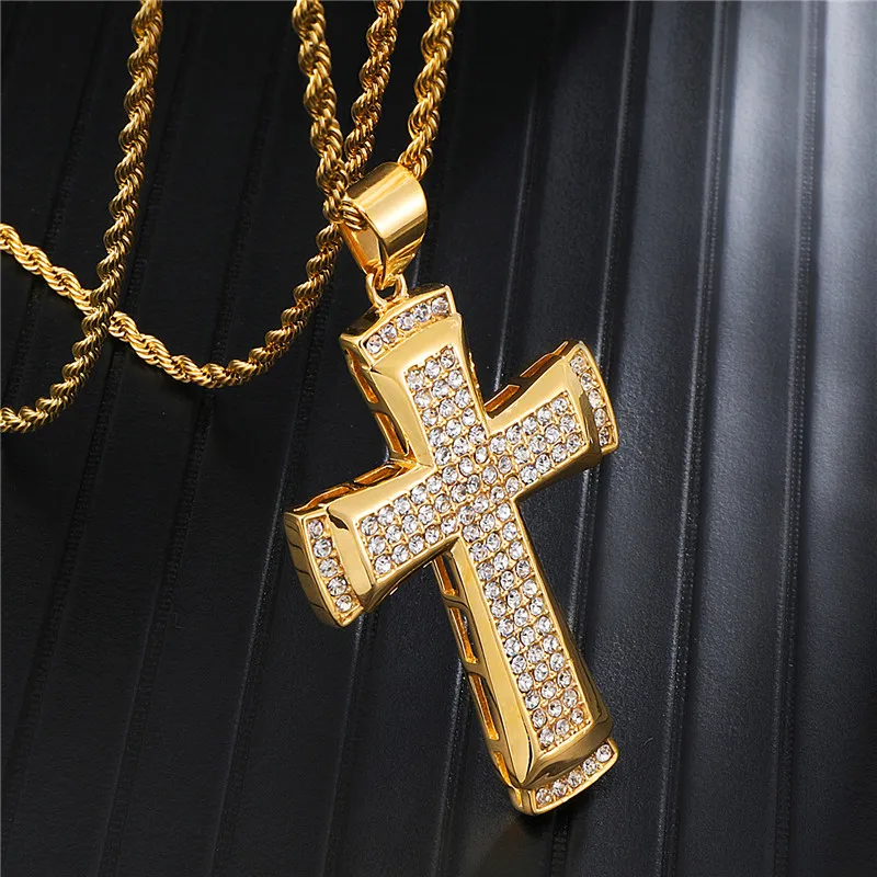24&quot Link Chain Necklace For Men Hip Hop Stainless Steel Full Bling Rhinestone Cross Pendant | Украшения и аксессуары