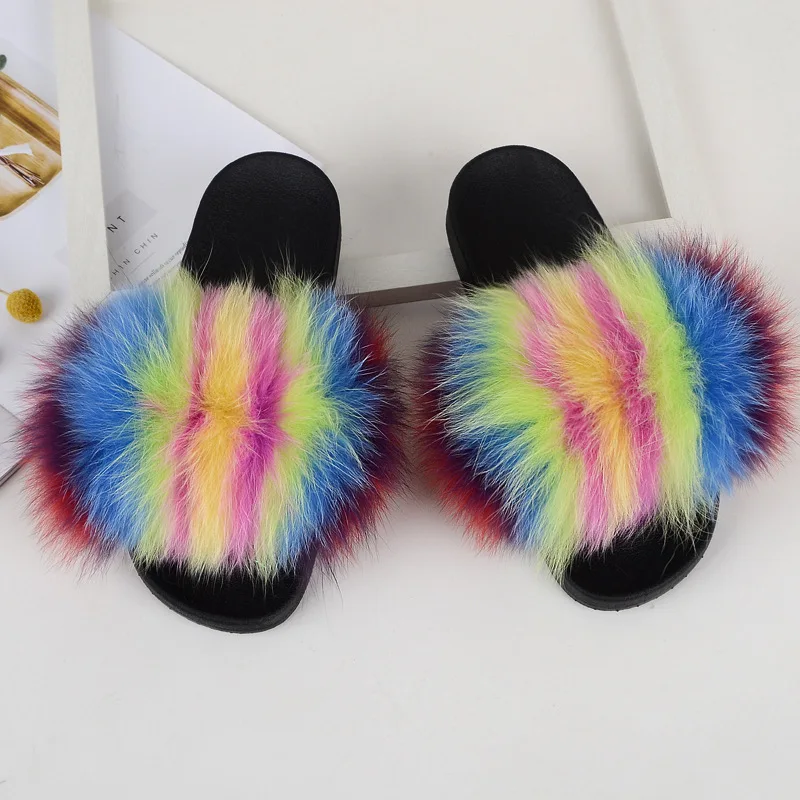 

New Color Real Fox Fur Slippers Slides Casual Shoes Fluffy Slippers Flip Flops Furry Shoes Women 45Big size