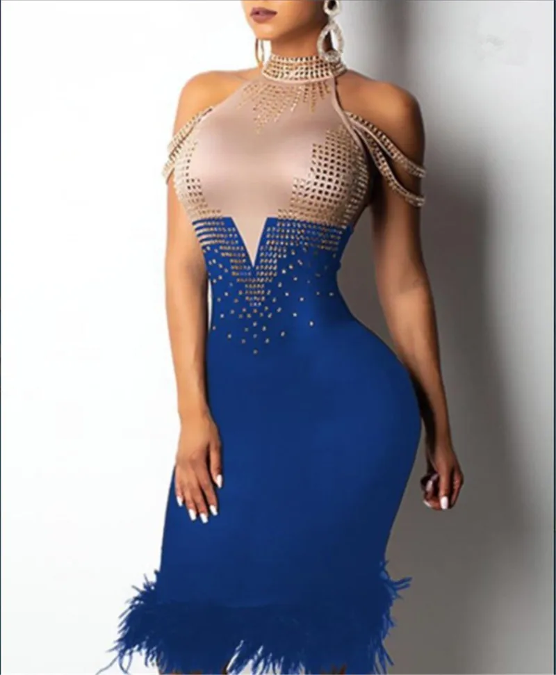 3 цвета высокое качество без рукавов мех до колена облегающее Бандажное платье