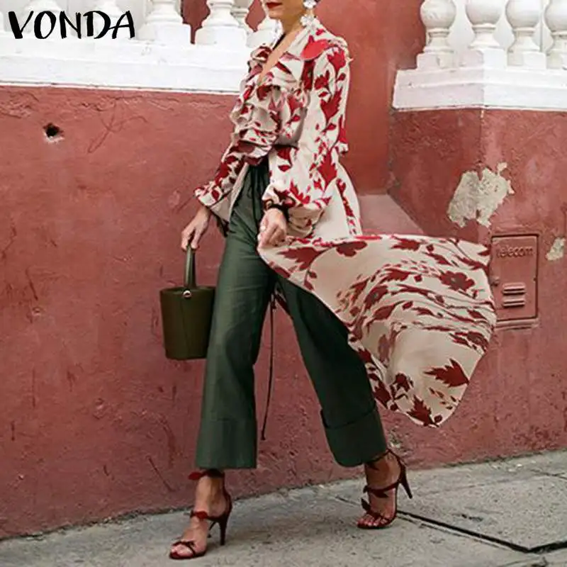 VONDA модные женские блузки с цветочным принтом сексуальные с v-образным вырезом и длинным рукавом повседневные свободные длинные рубашки с оборками винтажные Топы больших размеров