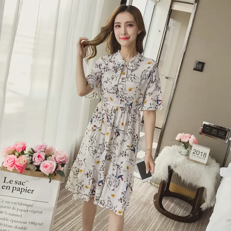 Summer Women's Dress 2019 Casual High Elastic Waist A-line Vintage Party Dresses Ladies Bow Floral Print Boho Chiffon Sundress | Женская